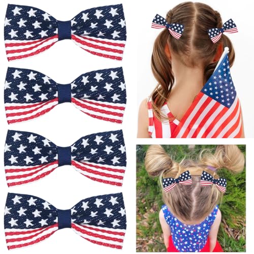 4Pcs Patriotic American Flag Hair Bows for Girls - 5 Inch Clips