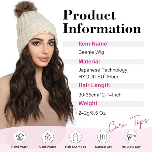 REECHO Women's Knitted Beanie Hat with 12" Chocolate Brown Hair Extension