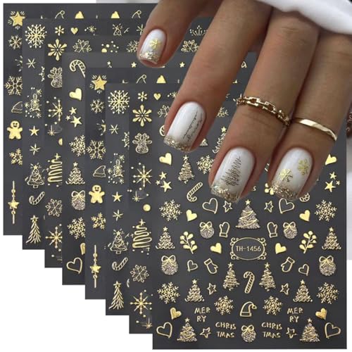 POWPOP Xmas Design2 8 Sheets 3D Gold Nail Stickers – Snowflake, Tree, Candy Cane Christmas Nail Art