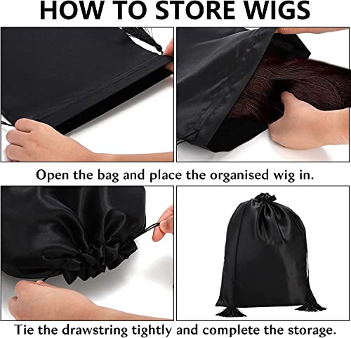 16 Pcs Satin Wig Bags - Black Travel & Storage Pouches for Wigs & Hair Extensions