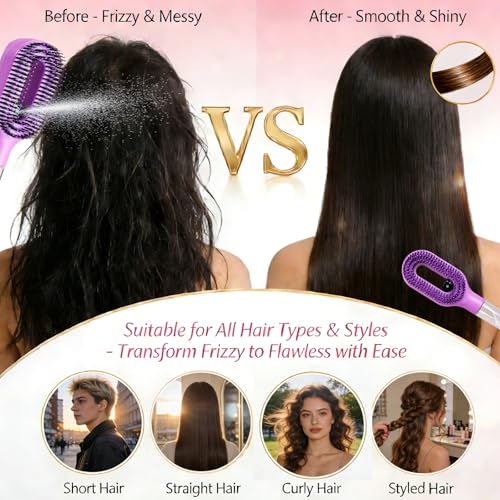 2-in-1 Purple Hair Brush with Water Spray - Detangler for Frizz Control