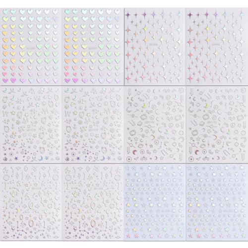 12 Sheets Aurora Star Nail Stickers - 3D Self-Adhesive Decals