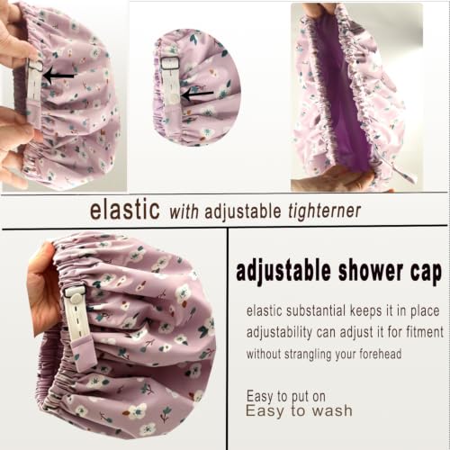 Genergy Large Satin Lined Shower Cap Set - L-Purple & Purple Flower