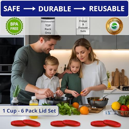 KlareWare 1 Cup Replacement Lids - BPA-Free Red 6-Pack for Pyrex 7202 & Anchor Hocking