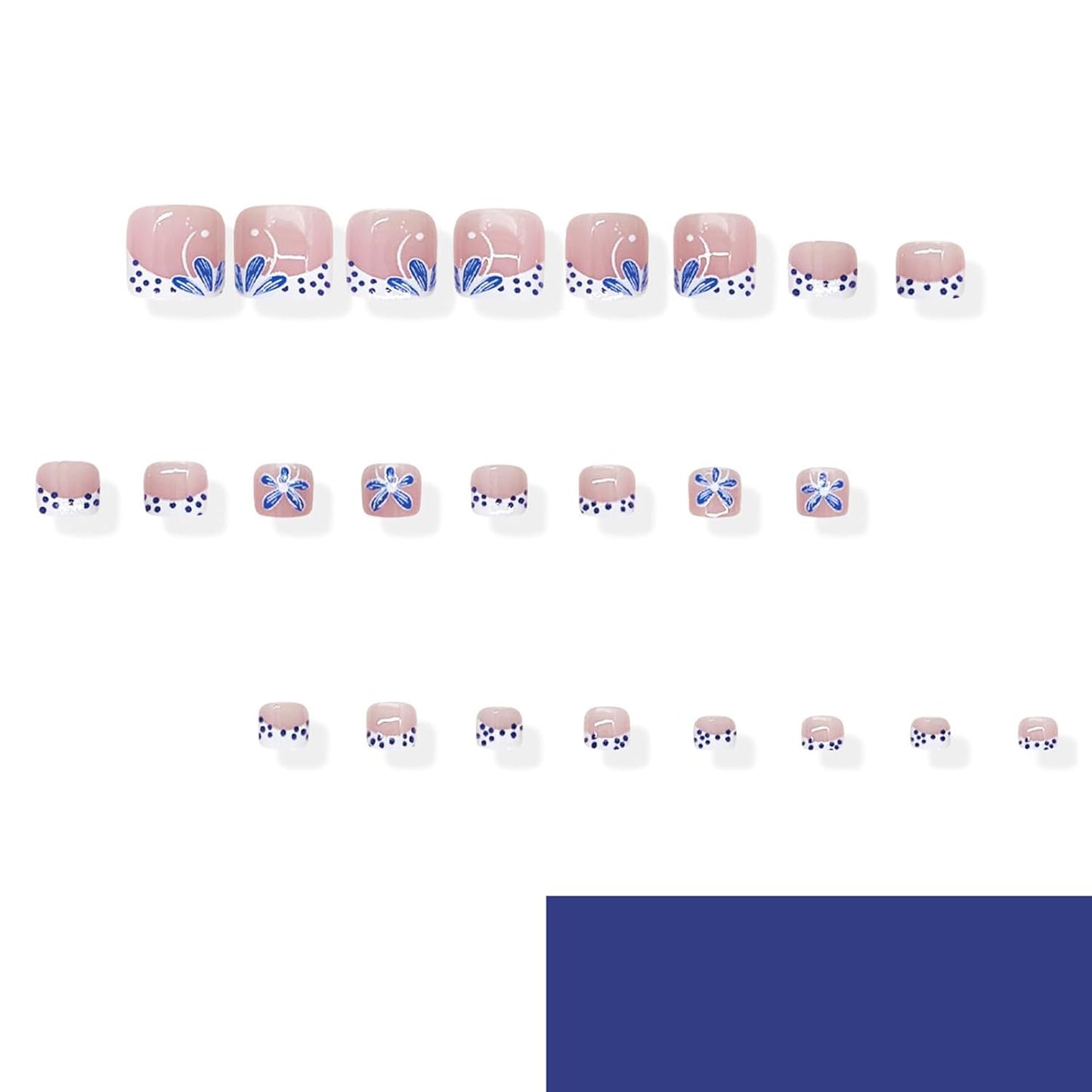 Polka Dot Press-On Toenails - Short Square Acrylic Fake Nails with Blue Flower Design | 24 Pcs for Summer Manicure