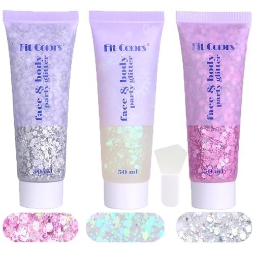 SeleneTenderaes Three-Color Body Glitter Gel 150ml White Pink Silver (Self-Adhesive) For Face Hair Nails