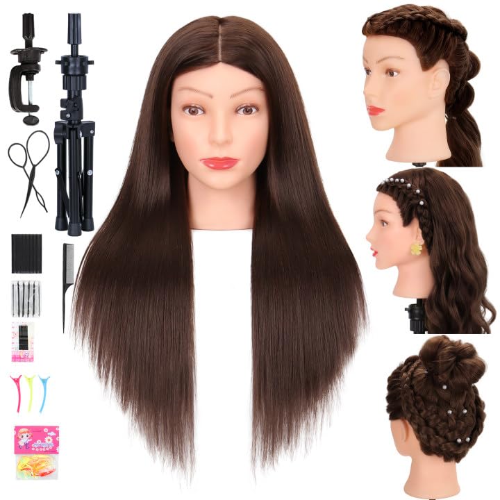 Real Human Hair Mannequin Head - Cosmetology Training Doll for Hair Styling, Cutting & Braiding | Dark Brown