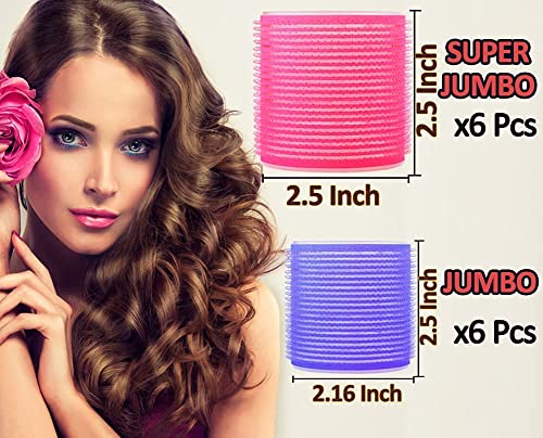 BESSEEK 6XJumbo + 6XLarge Jumbo Hair Rollers Set for Bouncy Curls, Self Grip Curlers for Women