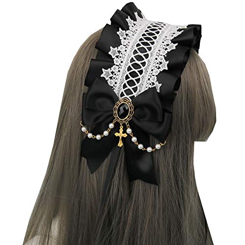 Re-Lady Black Gothic Lolita Headband with Lace & Ribbon - Cosplay Hair Accessory (1 Pack)