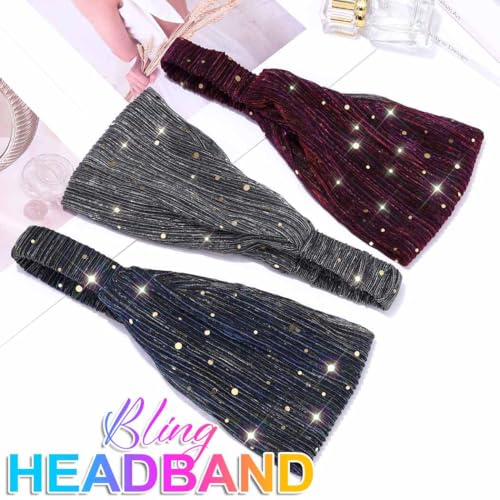 CAKURE Sequin Wide Headband Set - Black, Red & Blue Bling Hair Wraps for Women