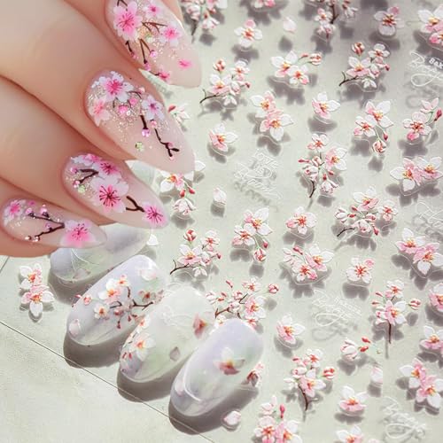 5D Cherry Blossom Nail Art Stickers - Pink Floral Decals for DIY Manicure