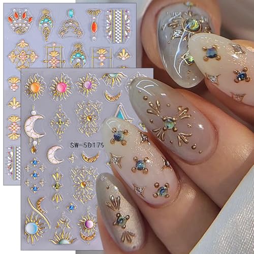 Bohemian Nail Decals 2 Sheets Sun & Moon Embossed Star Stickers Self-Adhesive