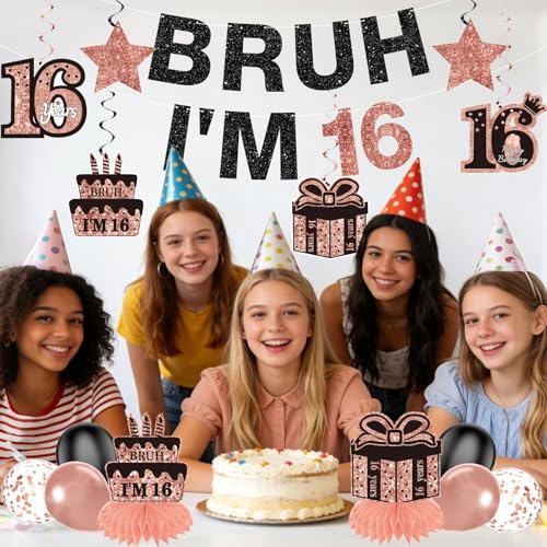 Rose Gold & Black 16th Birthday Decoration Kit - 15 Pcs