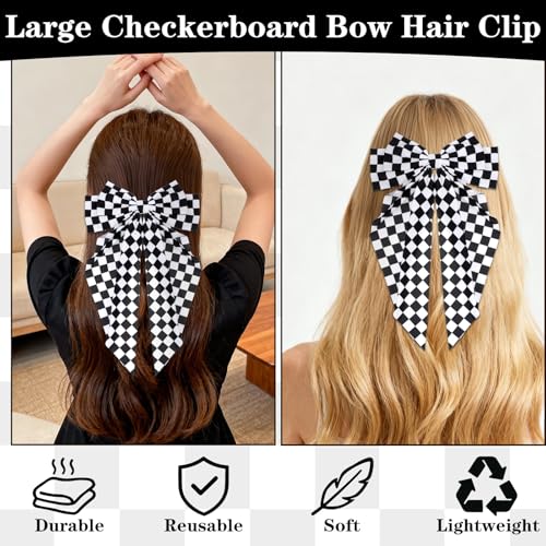 Checkered Bow Clips for Women - Black and White Racing Hair Accessory