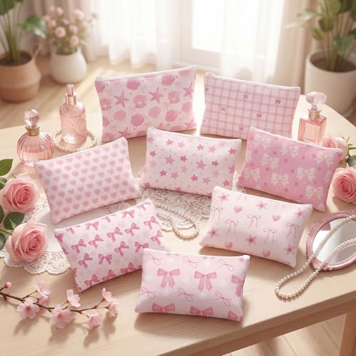 10-Pack Pink Bow Makeup Bags - Durable Canvas Cosmetic Pouches for Gifts