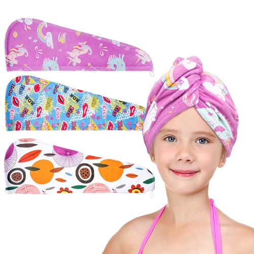 ELLEWIN Kids Girls Microfiber Hair Towel Wrap 3 Pack - Ultra Absorbent, Quick Dry, Purple/White/Blue