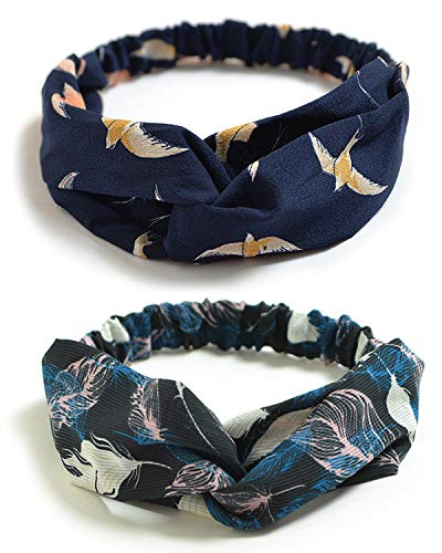 DRESHOW 10 Pack Boho Flower Print Headbands for Women - Vintage Cross Elastic Hair Wraps
