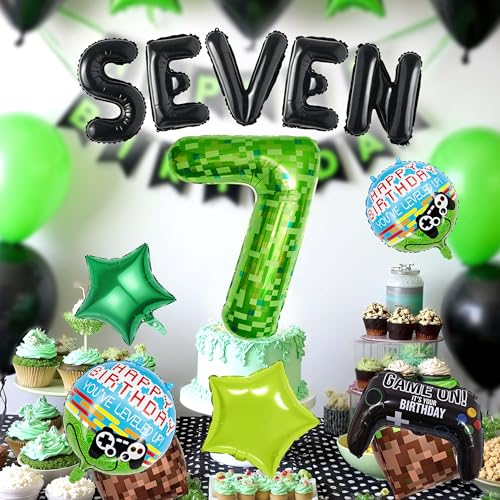 40-Inch Green Pixel Miner Number 7 Balloon Set - 13 Pcs Video Game Party Decorations