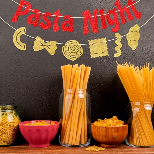 Pasta Night Banner | Italian Party Decorations in Red & Gold Glitter