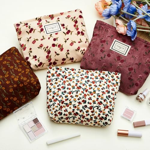 Sanwuta Floral Cosmetic Bags - 4 Pcs Corduroy Makeup Pouches for Women
