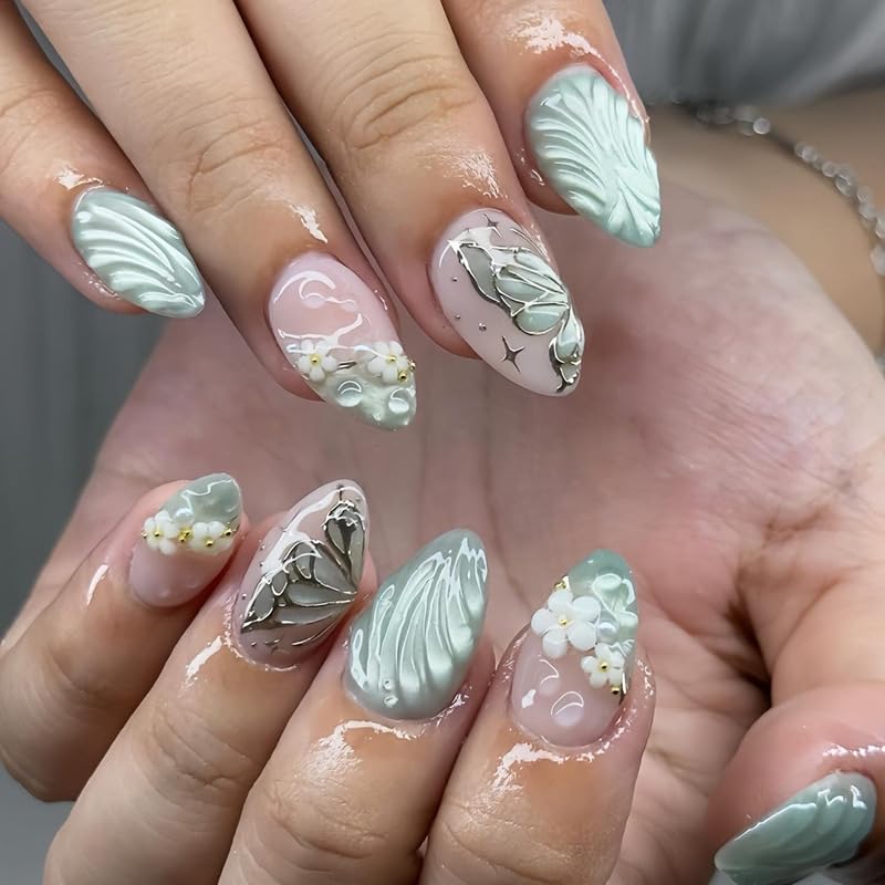 Cat Eye French Tip Press-On Nails - Nude & Pink Short Almond | Reusable Glue-On Nails with Gold Line for Weddings & Parties