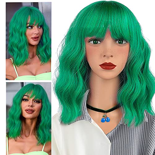 Green Wavy Bob Wig with Bangs and Sunglasses Set - Heat Resistant Synthetic
