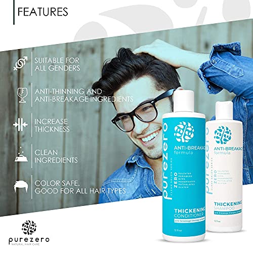 Purezero Thickening Anti-Breakage Shampoo & Conditioner Set with Biotin & Caffeine - Hair Loss & Thinning Support, 24 oz