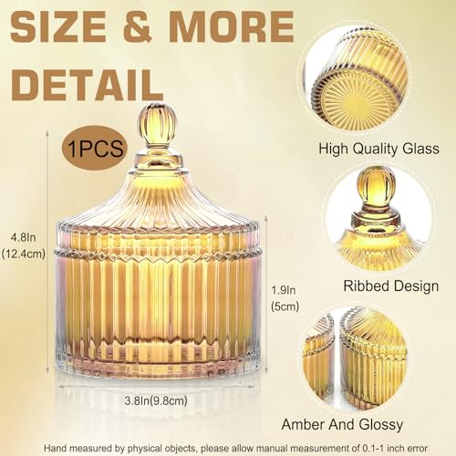 Amber Glass Jewelry Jar with Lid - Decorative Storage Dish