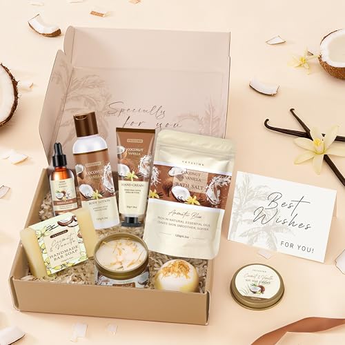 Gifts for Women Happy Birthday Gift Baskets, Bath and Body Gift Set Mothers Day Gifts, Vanilla Coconut Relaxing Home Spa Set Self Care Gift for Mom Sister Her Wife Grandma Girlfriend Friends