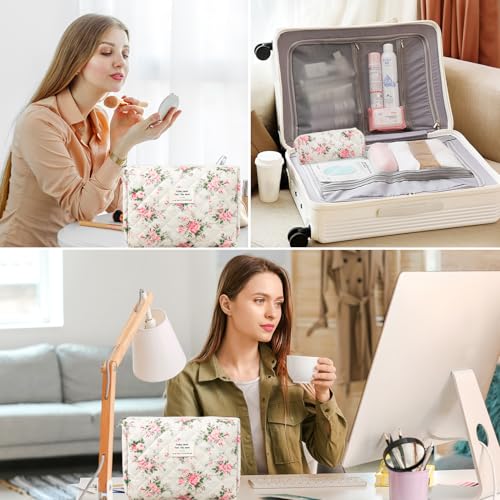 Large Floral Makeup Bag Set for Travel - Coquette Pink Flower