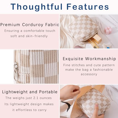 Cute Small Corduroy Zipper Makeup Bag - 09Beige Checker