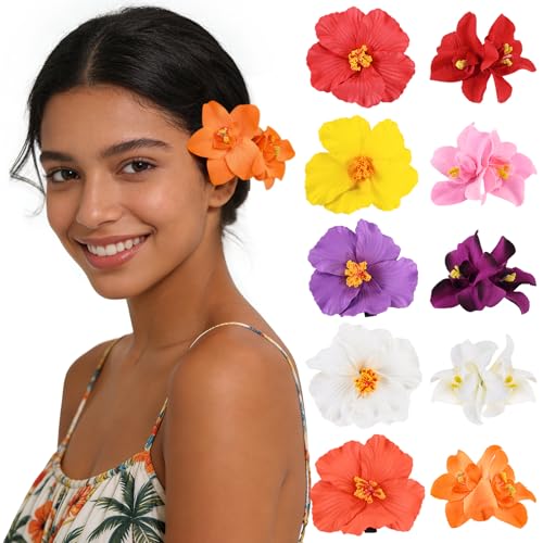 SAOROPEB 10 Pack Hawaii Flower Hair Clips Hibiscus & Orchid Tropical Hair Accessories