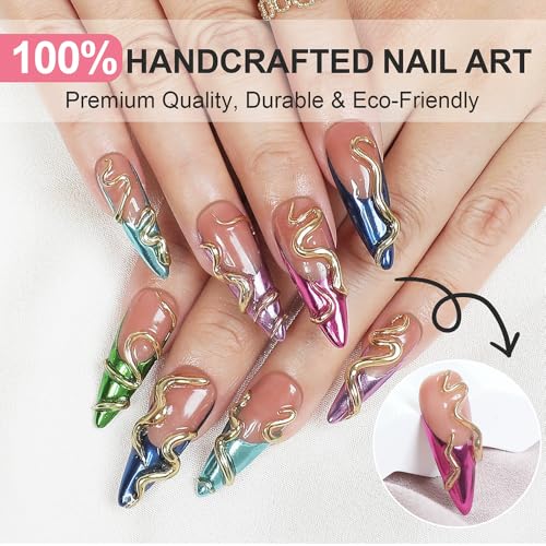 Green Cat Eye Press On Nails with 3D Flower Rhinestone Design - Size M
