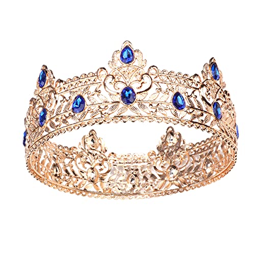 YADIRF Gold Men Crown with Blue Stone Adult Regal Tiara Birthday Prom Wedding