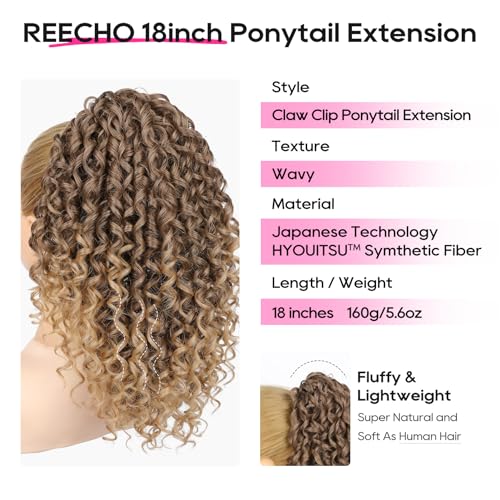 REECHO Curly Clip-in Ponytail Extension 18 Inch Dark Ash Blonde with Golden Ends