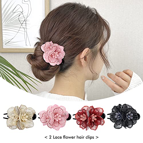 4-Pack Embroidered Mesh Flower Duckbill Hair Clips for Women & Girls