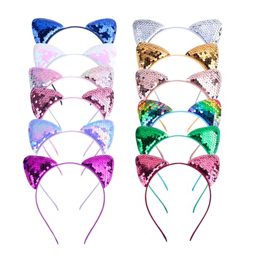 12 Pack Cat Ear Headbands with Sequins for Cosplay & Parties