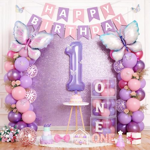 Butterfly 1st Birthday Decoration Set with Number 1 Balloon