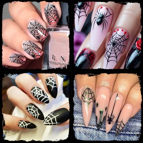 IDDFEVE Halloween Spider Web Nail Stickers – 8 Sheets Self-Adhesive Black & White 3D Nail Art Decals
