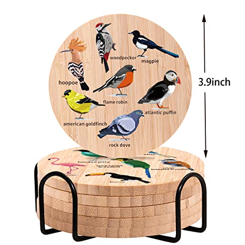 Bird-Themed Bamboo Wood Coasters Set of 6 with Holder