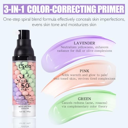 LSxia 3-in-1 Color Correcting Primer with SPF 50 - Oil Control Moisturizer