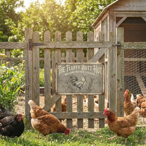 Funny Chicken Coop Decor Sign - The Fluffy Butt Hut - 8x12 Inch Metal