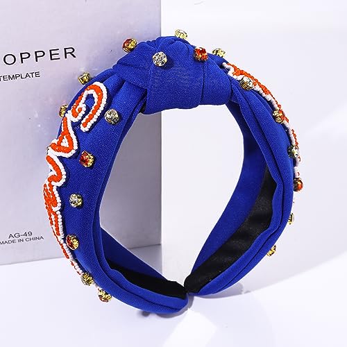 YAHPERN Blue Game Day Headband for Women - Crystal Pearl Knotted Sports Hair Accessory
