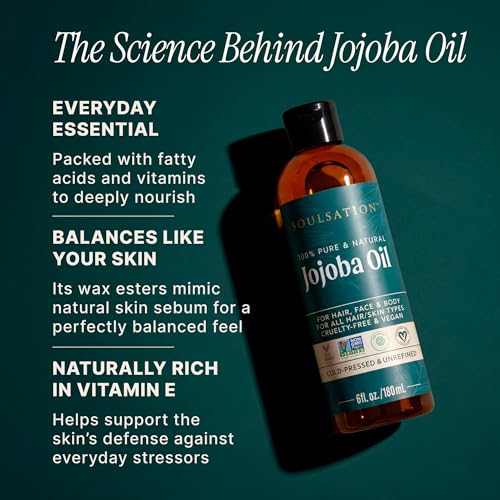 SoulSation 6oz Pure Cold Pressed Jojoba Oil for Skin, Hair, Face & Body – Vegan, Non-GMO, Cruelty-Free Moisturizer
