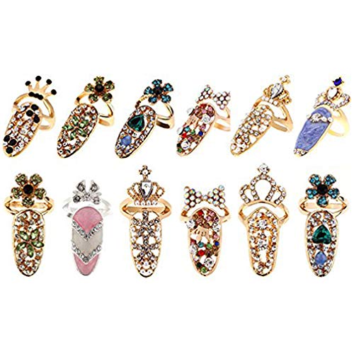 12 Pcs Adjustable Rhinestone Bowknot Nail Rings Set - CoscosX