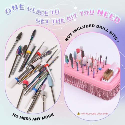 Pink 2-in-1 Nail Drill Bits Holder Case with Rhinestones and Cleaning Brush