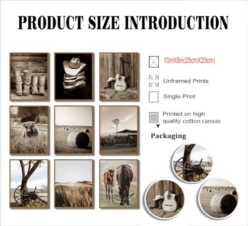 9-Piece Vintage Western Cowboy Wall Art Set - Rustic Farmhouse Canvas Prints 8x10in Unframed