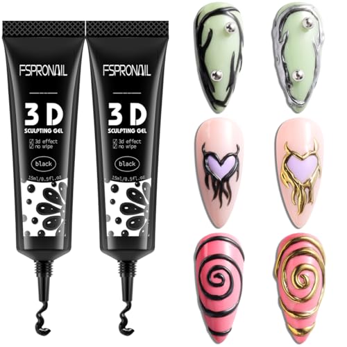 Black 3D Nail Gel Art Liner 2PCS No Wipe Chrome Effect Sculpture Gel
