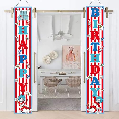 Happy Birthday Porch Banner Set - Cat in the Hat Design, 2pcs