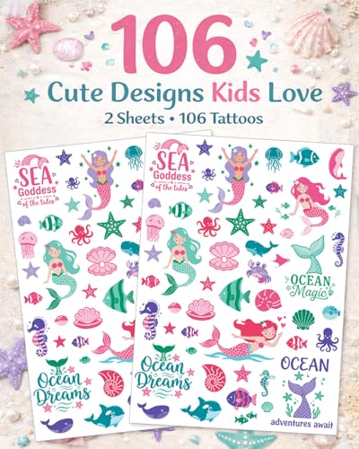 Mermaid Temporary Tattoos for Kids - 106 Waterproof Designs